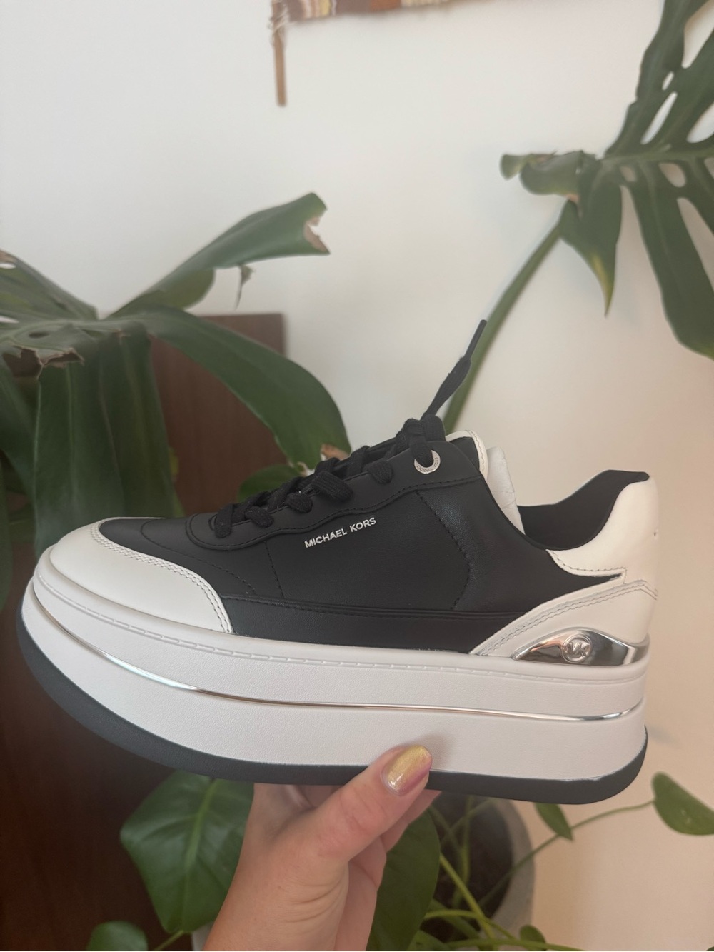 Michael Kors Black and White Platform Trainer with Silver Trim